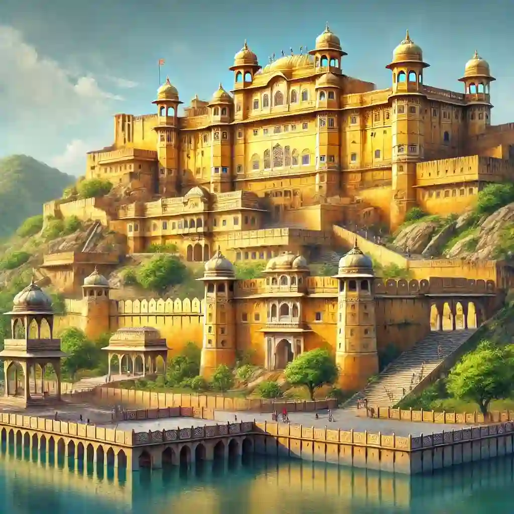 ג'איפור: מדריך למבקרים ראשונים תמונה מציאותית ותוססת של מבצר אמר האייקוני של ג'איפור, השוכן על גבעה עם הארכיטקטורה המלכותית שלה. המבצר כולל עיצובים מורכבים, שערים גדולים וחצרות מפוארות, עם גווני הזהב של קירות אבן החול שלו זורחים באור השמש. הנוף שמסביב כולל צמחייה עבותה ואגם שליו בבסיסו, המשקפים את הפאר של המצודה. התמונה לוכדת את המהות ההיסטורית של המצודה, כאשר תיירים מתפעלים מהיופי ומצלמים, ומוסיפים מגע אנושי. השמים בהירים ובהירים, מה שמשפר את הצבעים התוססים של המבצר וסביבתו.
