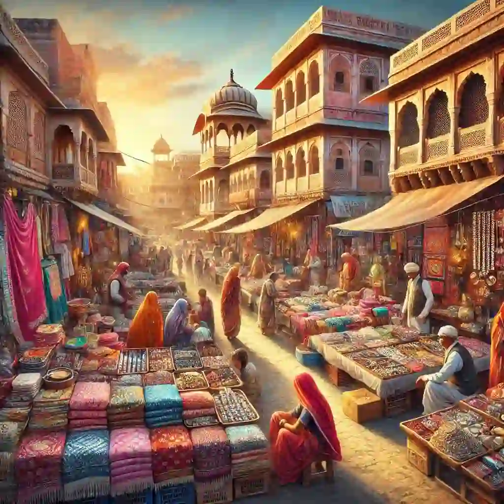 ג'איפור: מדריך למבקרים ראשונים תמונה מציאותית ותוססת של שוק רחוב הומה בג'איפור, הודו. השוק מלא בטקסטיל צבעוני, ביגוד רג'סטאני מסורתי ותכשיטים בעבודת יד המוצגים בדוכנים. ספקים ותיירים מקומיים מקיימים אינטראקציה, ומוסיפים אווירה תוססת. הרקע כולל ארכיטקטורה מסורתית עם מבנים בגווני ורוד, האופייניים לקסמה ההיסטורי של ג'איפור. התמונה לוכדת את התוסס של חיי היומיום, כאשר אנשים גולשים בדוכנים ומתקשרים עם המוכרים. הסצנה שטופה באור חם וזהוב, המדגישה את הצבעים והמרקמים העשירים של היצע השוק.