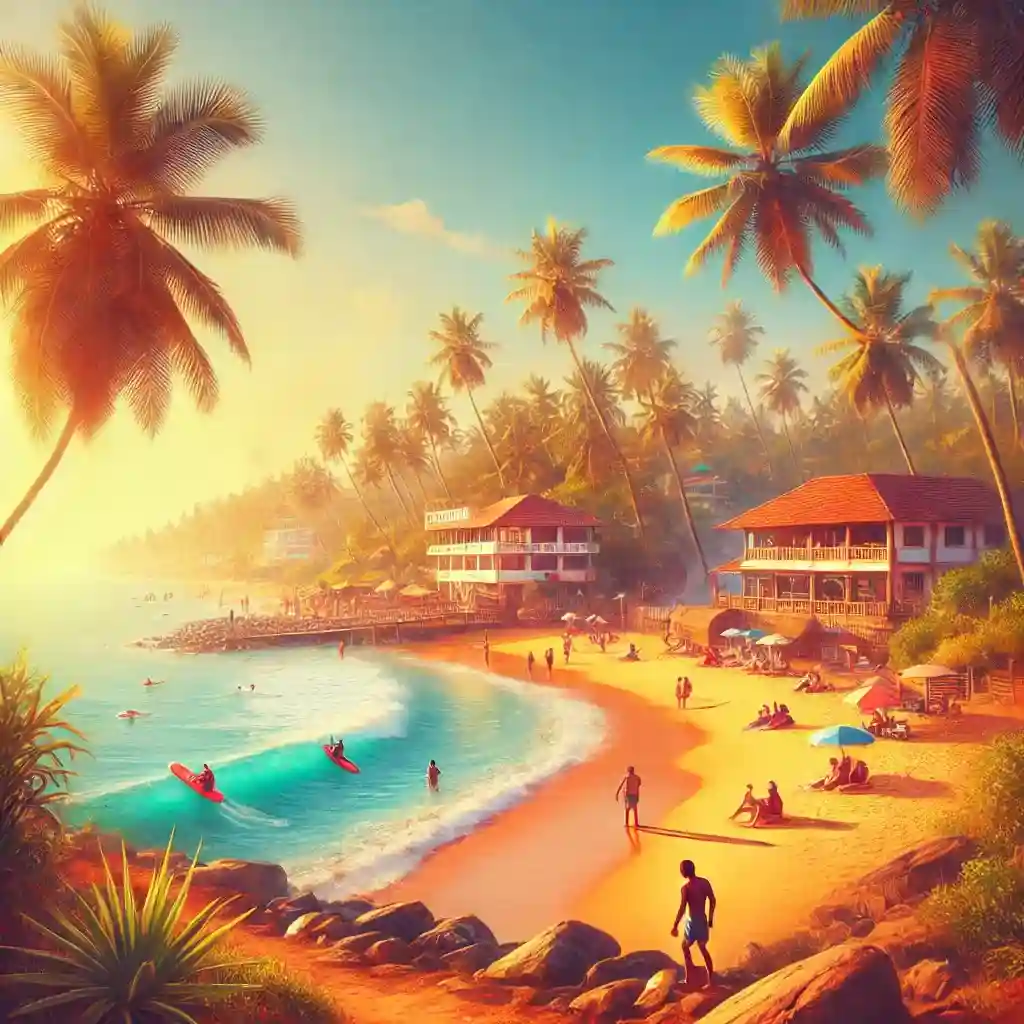 קרלה: מדריך לחופים ואטרקציות תיירותיות תמונה תוססת ומציאותית של חוף קובלאם בקראלה, הודו, המציגה קו חוף יפהפה עם חול זהוב, מים צלולים ועצי דקל מתנודדים ברוח. הסצנה כוללת כמה תיירים שנהנים מהשמש וזוג העוסק בפעילויות מים כמו גלישה. השמיים בהירים, והאווירה חמימה ומזמינה, לוכדת את המהות של יום חוף טרופי מושלם.