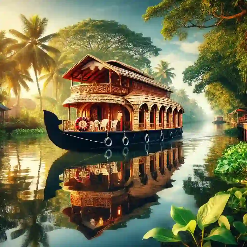 קרלה: מדריך לחופים ואטרקציות תיירותיות תמונה ציורית של סירת בית מסורתית מקראלה משייטת דרך המים האחוריים של אלאפוזה, קראלה, הודו. הסצנה מציגה צמחייה עבותה לאורך הגדות, המשתקפת במים השלווים, עם שמיים כחולים צלולים מעל. סירת הבית מעוטרת באלגנטיות עם גילופי עץ וקירוי סכך מסורתי, המנציח את המהות התרבותית של קראלה. האווירה שלווה ומזמינה, כאשר זוג על הסירה נהנה מהסביבה השלווה, ומעצים את המגע האנושי בסצנה.