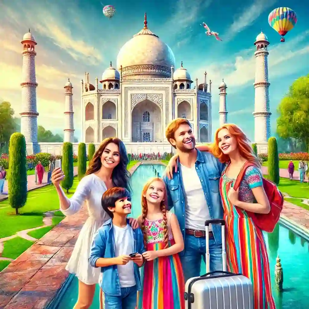 חופשה משפחתית בהודו: מדריך מקיף לפעילויות ואטרקציות סצנה תוססת של משפחה נהנית מחופשה בהודו, במיוחד מול הטאג' מאהל. התמונה לוכדת את הארכיטקטורה המלכותית של הטאג' מאהל עם חזית השיש הלבן, הגנים והשתקפויות המים שלו. המשפחה, לבושה בבגדי נופש נינוחים, כוללת הורים ושני ילדים המחייכים ומצלמים. לתמונה יש צבעים חיים ושמים כחולים צלולים, מה שמשפר את היופי של הסצנה. האווירה שמחה ותוססת, המשקפת חוויה משפחתית בלתי נשכחת בסביבה עשירה בתרבות.