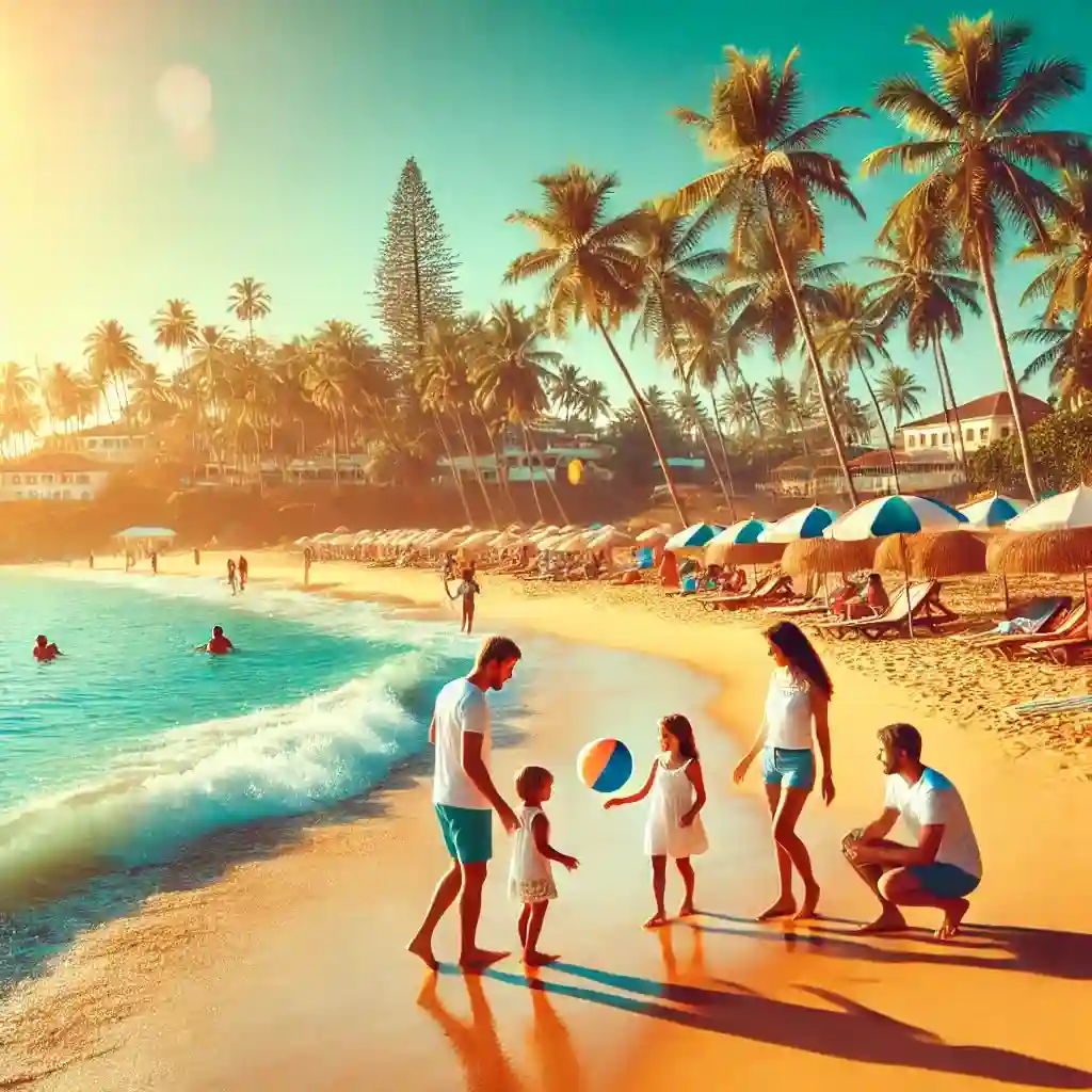 חופשה משפחתית בהודו: מדריך מקיף לפעילויות ואטרקציות משפחה יפהפייה נהנית מחופשת חוף בגואה, הודו. הסצנה לוכדת חוף חולי זהוב עם גלי טורקיז שמתגלגלים פנימה בעדינות. המשפחה, לבושה בבגדי חוף, כוללת הורים וילדים משחקים עם כדור חוף. ברקע מתנדנדים עצי דקל, ושמשיות חוף צבעוניות מנקדות את הנוף. האווירה חמה ותוססת, כשהשמש זורחת בבהירות בשמים כחולים בהירים. התמונה מציגה את המהות המרגיעה והמשמחת של חופשה משפחתית בגן עדן טרופי, תוך שימת דגש על היופי הטבעי והסביבה התוססת של גואה.