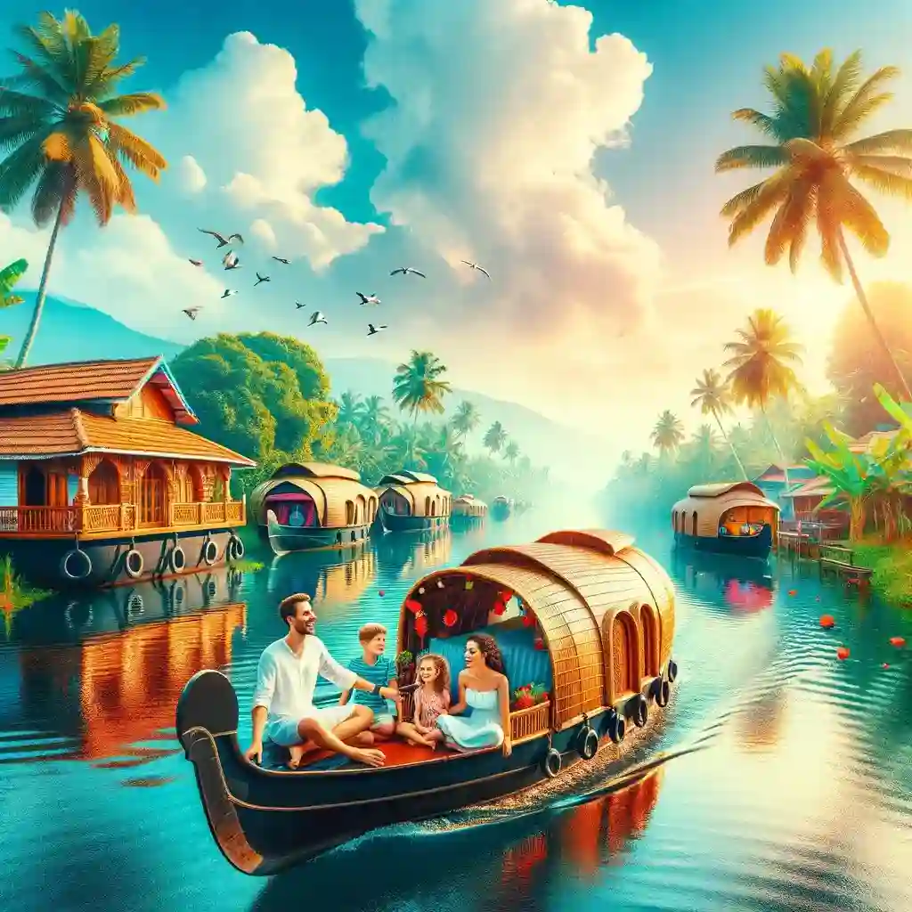 חופשה משפחתית בקרלה: מקומות לינה ואטרקציות משפחה יפהפיה הנהנית משיט בסירה במימי האחורים של קראלה, מוקפת בנופים ירוקים וסירות בית מסורתיות, תחת שמיים כחולים צלולים. התמונה לוכדת את המהות של חופשה משפחתית בקרלה עם צבעים מרהיבים וטקסטורות ייחודיות.