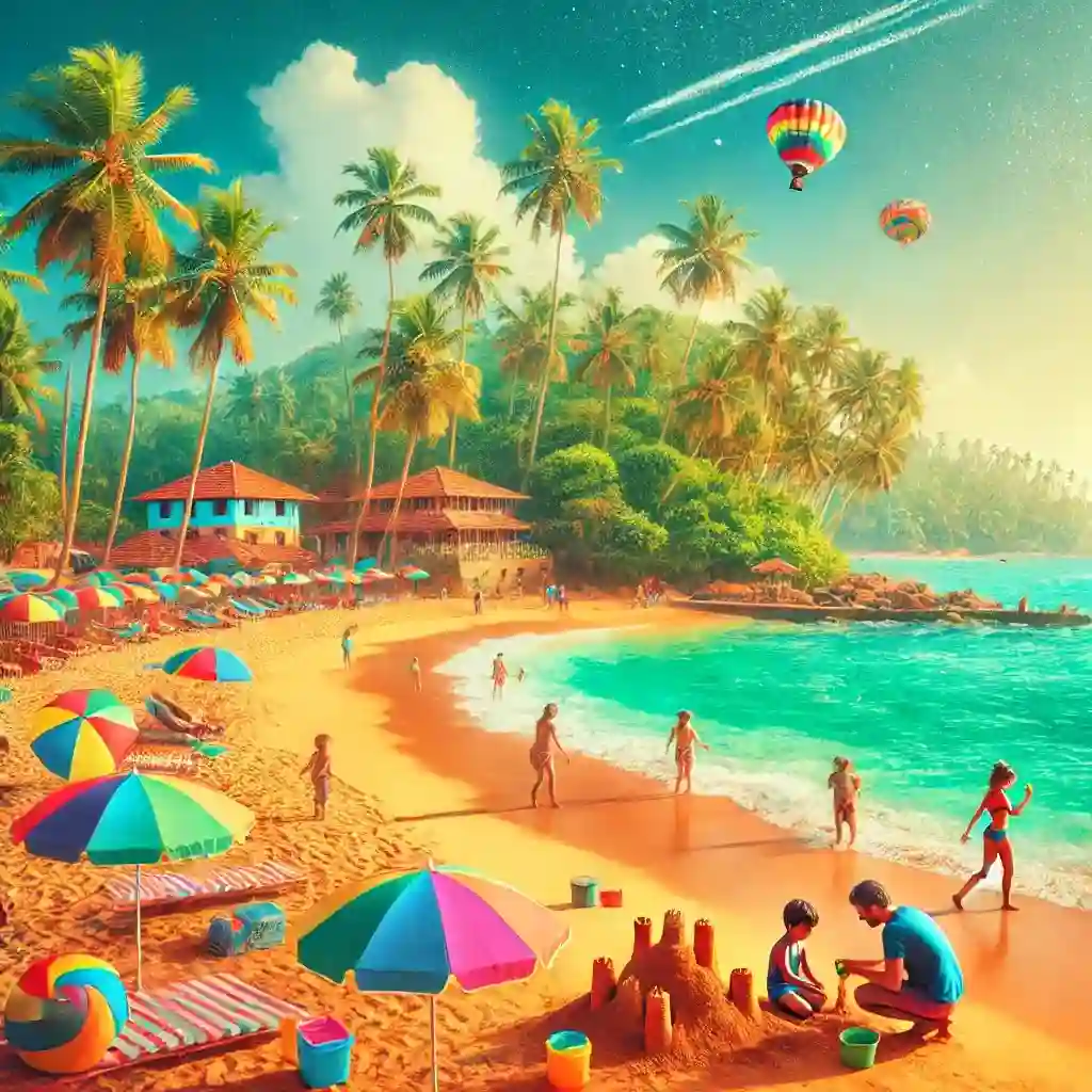 חופשה משפחתית בקרלה: מקומות לינה ואטרקציות סצנת חוף תוססת בקראלה עם משפחה שמשחקת על החוף החולי, ילדים בונים ארמונות חול ושמשיות צבעוניות מנקדות את הנוף. מי הטורקיז ועצי הדקל השופעים ברקע יוצרים אווירת נופש ציורית ותוססת.