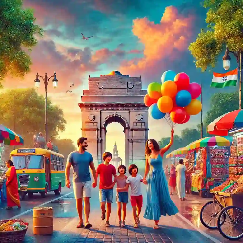 חופשה משפחתית בדלהי: אתרי תיירות ופעילויות לכל המשפחה סצנת רחוב תוססת בדלהי, המציגה משפחה תוססת שנהנית מחופשה. המשפחה צועדת ליד שער הודו האייקוני, עם ילדים אוחזים בבלונים. שער הודו נראה ברקע עם הקשת הגדולה שלו והירוק שמסביב. הרחוב שוקק רוכלים צבעוניים המוכרים אומנות הודית מסורתית וחטיפים. לתמונה יש תחושה מציאותית ותוססת עם צבעים ומרקמים מרהיבים, הלוכדים את האותנטיות והחיוניות של דלהי. הבעות המשפחה משדרות שמחה והתרגשות ומוסיפות מגע אנושי לתמונה.