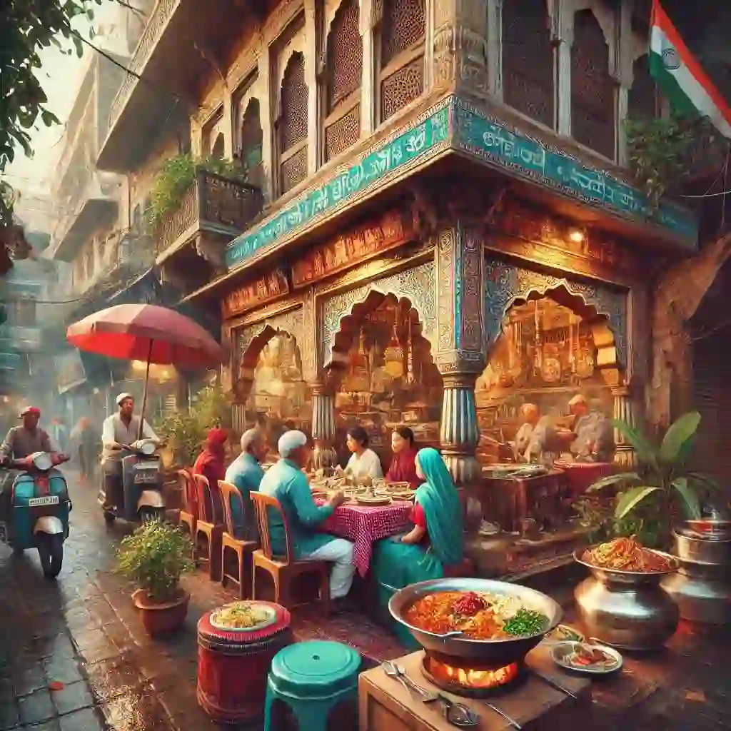 חופשה משפחתית בדלהי: אתרי תיירות ופעילויות לכל המשפחה שוק רחוב תוסס והומה בדלהי, עם התמקדות במסעדה הודית מסורתית. הסצנה כוללת משפחה יושבת ליד שולחן מחוץ למסעדה, נהנית ממגוון מנות הודיות צבעוניות. הכניסה למסעדה מעוטרת בעיצוב מסורתי, והרחוב תוסס עם הולכי רגל ורוכלים. התמונה לוכדת את המרקמים והצבעים העשירים של המטבח ההודי, האווירה החמימה של השוק, והשמחה של חווית אוכל משפחתית. האווירה הכללית היא אותנטית ומזמינה, עם תיאור ריאליסטי של תרבות הרחוב של דלהי.