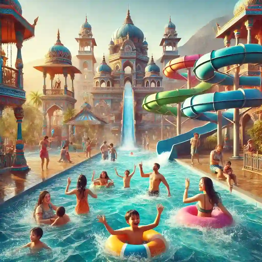 פארקי מים למשפחות בהודו: פארקים מובילים ופעילויות סצנה תוססת של משפחה נהנית בפארק מים בהודו, מציגה מגלשות מים שונות, בריכות ופריטי מים שובבים. התפאורה צריכה להיות צבעונית ותוססת, עם ארכיטקטורה הודית ברקע. ניתן לראות את המשפחה, לבושה בלבוש קיץ, משתכשכת במים, עם חיוכים רחבים ואווירה שמחה. התמונה צריכה להיות בעלת מראה ריאליסטי, ללכוד את היופי והכיף של החוויה. מרקם המים, הצבעים העזים של השקופיות וההבעות השמחות של האנשים צריכים לבלוט ולהוסיף נופך אותנטי ומלא חיים לתמונה.