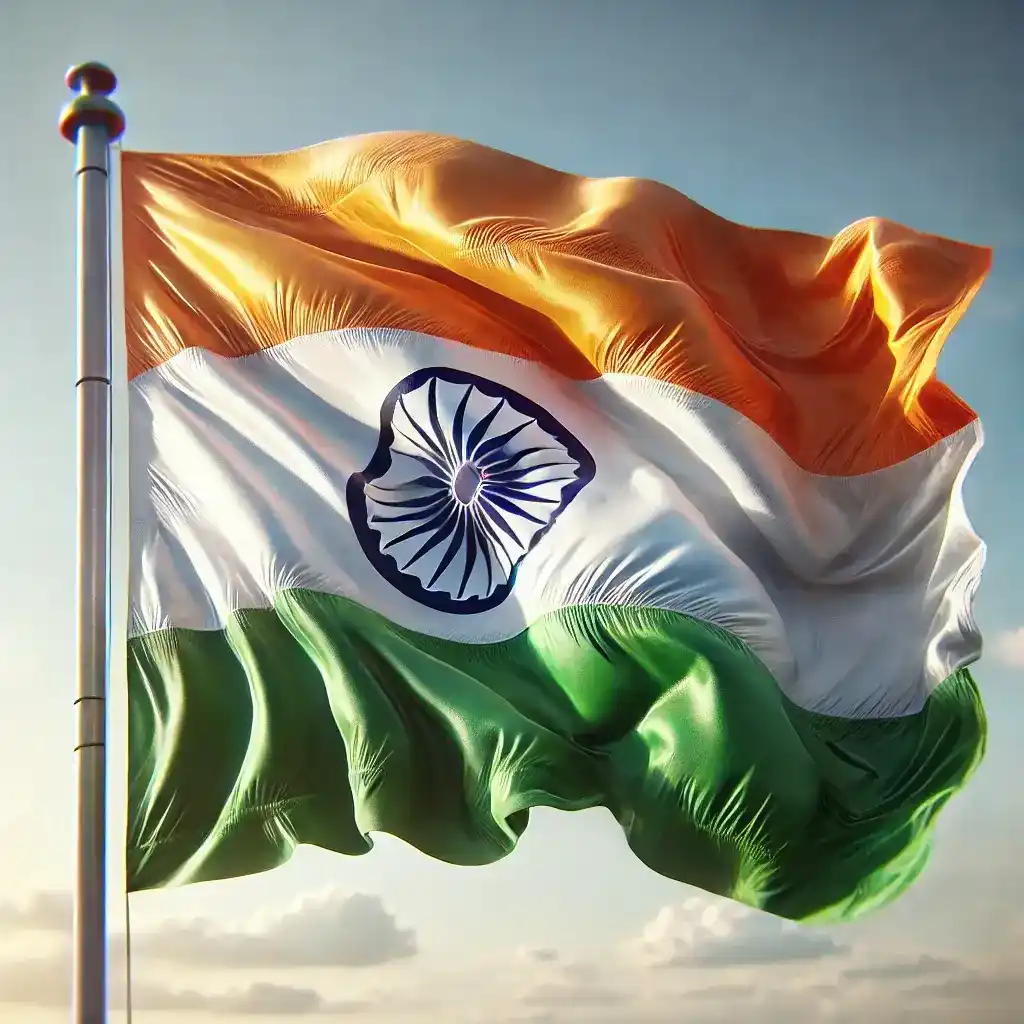 פארקי מים למשפחות בהודו: פארקים מובילים ופעילויות תמונה מפורטת של דגל הודו המתנופף בגאווה ברוח. הדגל בצבע חי עם העיצוב הקלאסי הכולל שלושה פסים אופקיים של זעפרן, לבן וירוק, כאשר במרכז הפס הלבן צ'אקרת אשוקה בכחול כהה. על הסצנה להיות רקע שמיים ברור, עם מרקם הבד והקיפולים של הדגל גלויים, המעניקים תחושה של תנועה וריאליזם. התמונה צריכה ללכוד את תמצית הגאווה הלאומית והמורשת התרבותית של הודו.