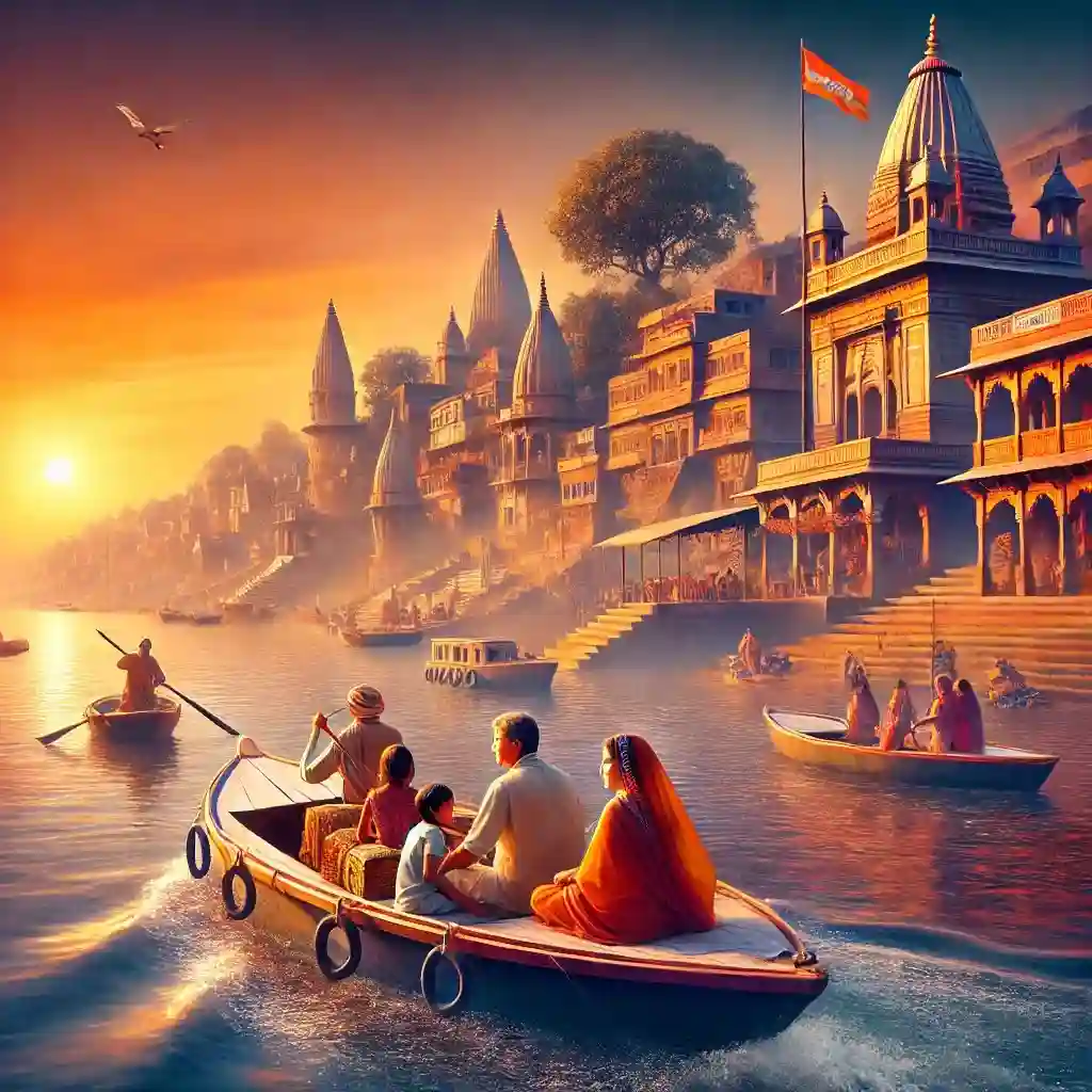 חופשה משפחתית בוורנסי: אתרי דת ופעילויות תיאור ריאליסטי של משפחה נהנית משיט בסירה על נהר הגנגס בוורנאסי בשעת השקיעה. הסצנה לוכדת את היופי של הנהר, הגאטים והמקדשים העתיקים ברקע. הצבעים חיים, והאווירה שלווה, מציגה את העושר התרבותי של ורנאסי. המשפחה נראית מרוצה ומעורבת בחוויה.