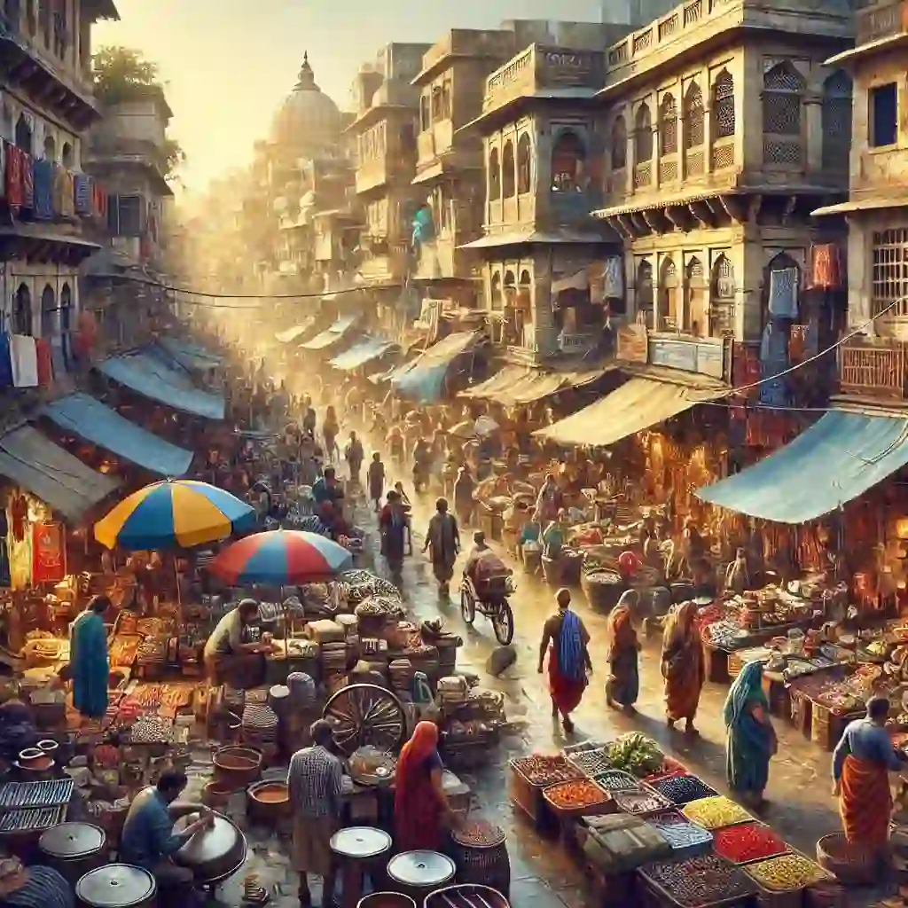 חופשה משפחתית בוורנסי: אתרי דת ופעילויות תיאור ריאליסטי של שוק מקומי שוקק בוורנאסי, הודו. השוק מלא בדוכנים צבעוניים המוכרים מוצרים מסורתיים, בגדים ומאכלים מקומיים. רואים אנשים קונים, מקיימים אינטראקציה עם ספקים ונהנים מהאווירה התוססת. הסצנה לוכדת את המהות של חיי היומיום בוורנאסי, עם טקסטורות עשירות וצבעים דינמיים המדגישים את החיוניות התרבותית של העיר.