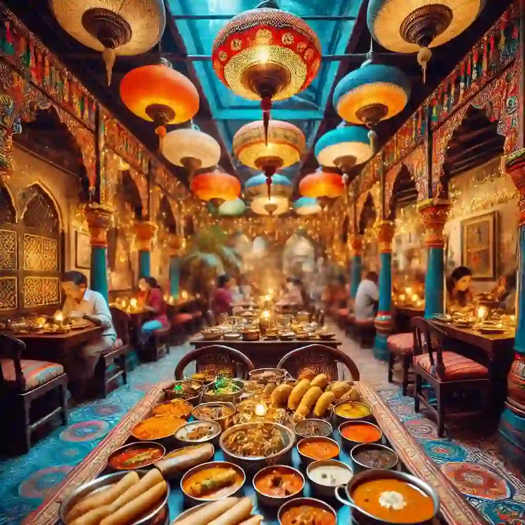 מסעדות מומלצות במומבאי: מטבח מקומי ובינלאומי סצנה תוססת במסעדה הודית מסורתית במומבאי, עם עיצוב צבעוני, תאורה מעוטרת ושולחנות מלאים במגוון מנות הודיות אותנטיות. המנות כוללות קארי חריף, דוסות ומבחר צ'אטני, הכל מוגש בצורה מזמינה ומעוררת תיאבון. התמונה לוכדת את החמימות והאירוח של המקום, תוך התמקדות במרקמים העשירים של האוכל ובצבעיו התוססים. יש כמה אנשים שנהנים מהארוחות שלהם, ומוסיפים אווירה תוססת למקום.