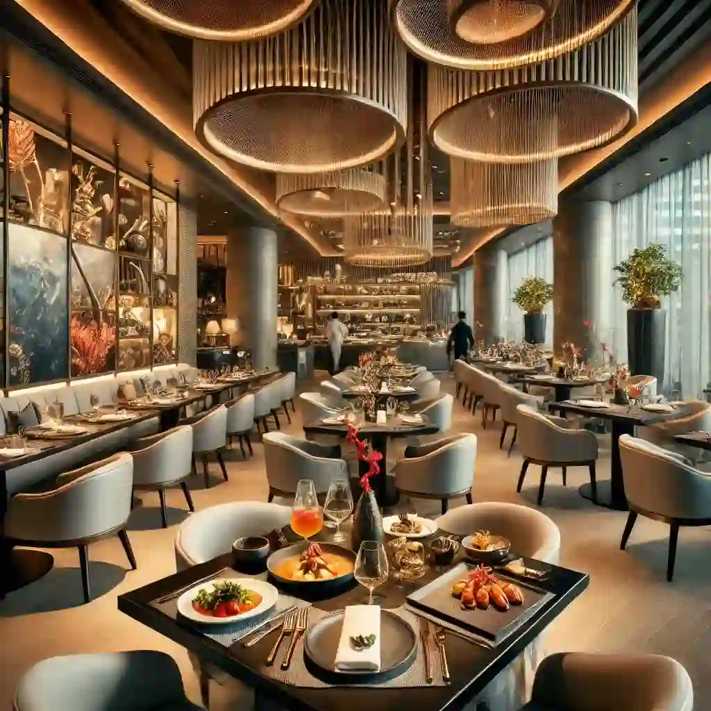 מסעדות מומלצות במומבאי: מטבח מקומי ובינלאומי מסעדה מודרנית ומסוגננת במומבאי עם נושא של מטבח בינלאומי. הפנים כולל אלמנטים עיצוביים אלגנטיים, שולחנות אלגנטיים ערוכים עם כלי אוכל משובחים, ומגוון מגוון של מנות ממטבחים עולמיים שונים. המנות כוללות פירות ים מצופים להפליא, פסטה ומבחר קינוחים, המוגשים עם כשרון אמנותי. התפאורה מתוחכמת אך מסבירת פנים, עם תאורה רכה ואווירה נינוחה. כמה פטרונים נראים נהנים מהארוחות שלהם, מה שמוסיף לאווירה התוססת והיוקרתית של הסצנה.