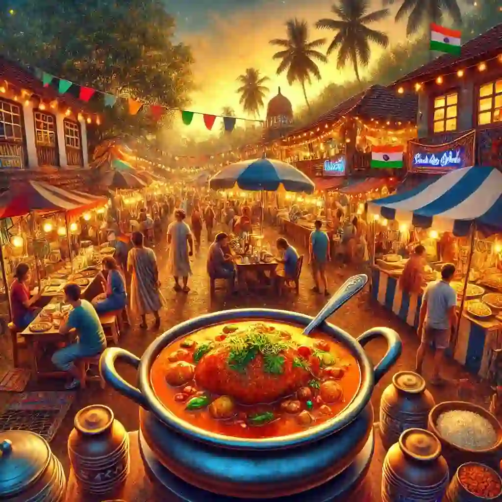 אוכל רחוב בגואה: מקומות מומלצים ומאכלים פופולריים סצנה תוססת משוק הלילה של אנג'ונה בגואה, הודו. השוק שוקק חיים, ובו מגוון דוכני מזון. דוכן אחד מציג באופן בולט קארי דג גואן מסורתי עם רוטב עשיר ומתובל. הסביבה מלאה באורות צבעוניים וכרזות, היוצרות אווירה חגיגית. אנשים בגילאים שונים נראים נהנים מהאוכל וחוקרים את הדוכנים, ומוסיפים מגע אנושי תוסס לתמונה. הרקע מציג עצי דקל וארכיטקטורה גואה מסורתית, מה שמשפר את האותנטיות של הסצנה. האווירה הכללית חגיגית ותוססת, עם צבעים חמים ומזמינים.