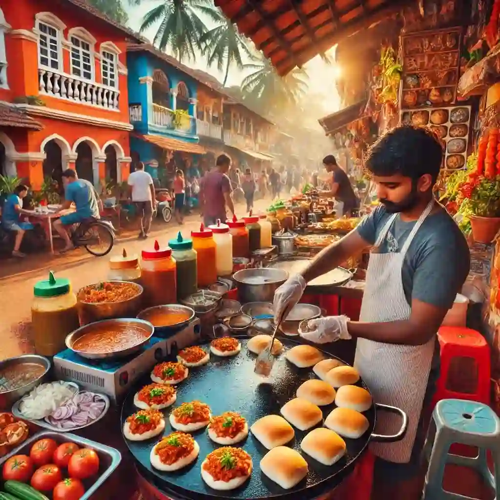 אוכל רחוב בגואה: מקומות מומלצים ומאכלים פופולריים סצנת אוכל רחוב ססגונית בגואה, הודו, מציגה מוכר שמכין את Pav Bhaji, מאכל מקומי פופולרי. המוכר נראה מבשל על מחבת פסים גדולה, עם פאב (לחם) טרי בצד אחד ובאג'י (קארי ירקות) עשיר ומתובל בצד השני. המערך התוסס כולל מגוון של מרכיבים טריים כמו עגבניות, בצל ותבלינים מסודרים בקפידה. הרקע כולל רחוב תוסס עם בתים מסורתיים של גואן, עצי דקל וספקי אוכל רחוב אחרים. האווירה חמה ומזמינה, אנשים מחכים בשקיקה בתור, נהנים מהאוכל ומהתרבות התוססת של גואה.