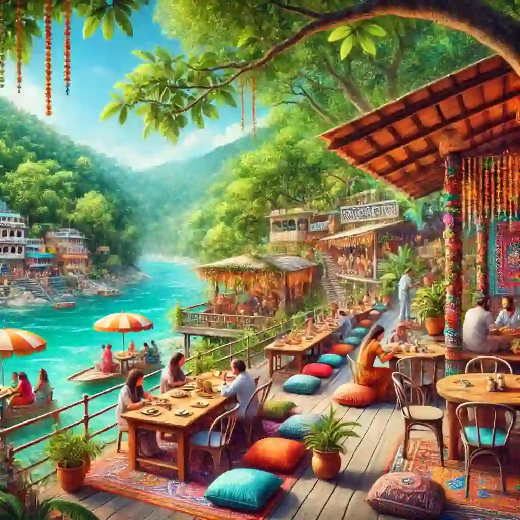 מסעדות ידועות ברישיקש: מקומות מומלצים ואוכל מקומי סצנה תוססת ומציאותית של מסעדה צמחונית מפורסמת ברישיקש, הודו. המסעדה משקיפה על נהר הגנגס עם צמחייה עבותה מסביב. התפאורה כוללת מקומות ישיבה בחוץ עם כריות צבעוניות, עיצוב הודי מסורתי ונוף של הנהר. אנשים נהנים מהארוחות שלהם, יוצרים אווירה תוססת ומזמינה.