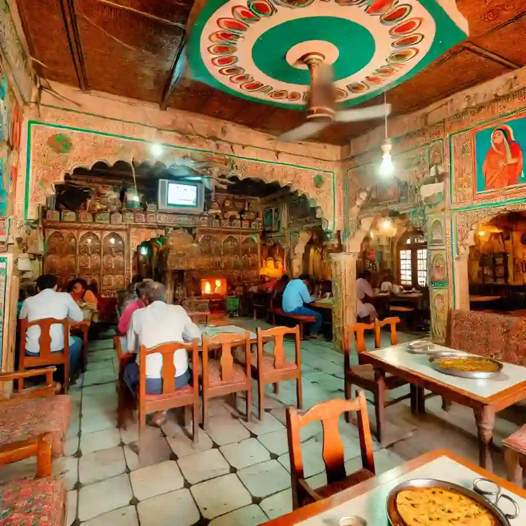 מסעדות ידועות ברישיקש: מקומות מומלצים ואוכל מקומי סצנה אותנטית ותוססת של מסעדה הודית מסורתית ברישיקש, הודו. הפנים כולל עיצוב הודי מורכב עם צבעים מרהיבים, רהיטי עץ ויצירות אמנות מסורתיות על הקירות. השולחנות מלאים במנות הודיות שונות כמו פאראטה ודאל מחני. המסעדה הומה אנשים שנהנים מארוחותיהם, ומוסיפים אווירה חמה ומסבירת פנים.