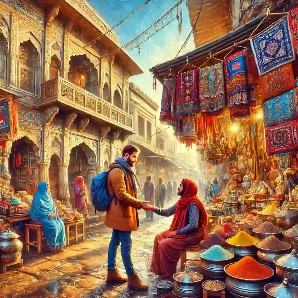 סצנה ציורית של מטייל ישראלי חוקר את השווקים התוססים של הודו בעונת החורף. השוק שוקק פעילות, דוכנים צבעוניים מלאים בתבלינים, טקסטיל ועבודות יד. המטייל, לבוש בבגדי חורף קלילים, מקיים אינטראקציה עם מוכר מקומי, ומציג את האווירה הידידותית ואת חילופי התרבות. הרקע כולל ארכיטקטורה הודית מסורתית עם פרטים מורכבים, הלוכדים את המהות של הודו. הצבעים חיים והמרקמים עשירים, מספקים תחושה של אותנטיות וחיוניות.