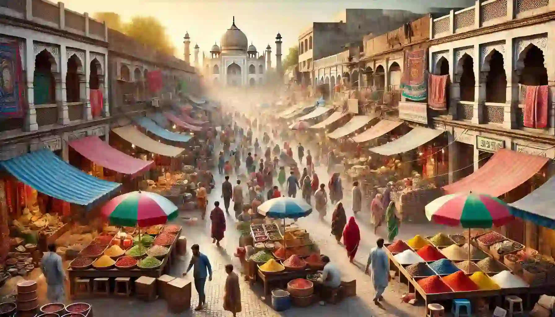 יעדים מומלצים בהודו לישראלים סצנה מציאותית של שוק הומה בדלהי, הודו, מלא בצבעים מרהיבים, דוכנים שונים לממכר תבלינים, טקסטיל ואוכל רחוב, עם אנשים הולכים וקניות. האווירה תוססת ולוכדת את מהות התרבות המקומית. השוק ממוקם על רקע מבנים היסטוריים, נותן תחושה של המורשת העשירה של העיר.