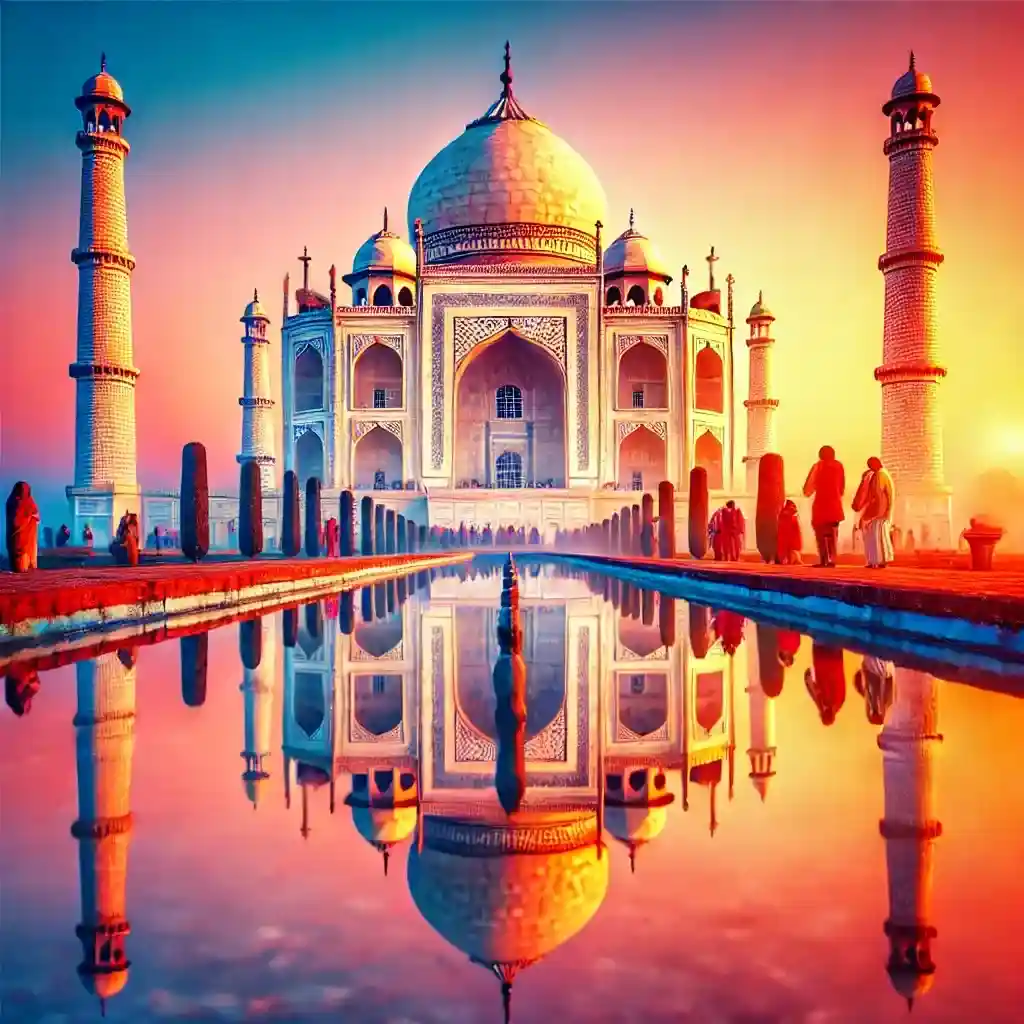 מדריך מקיף להודו לישראלים תמונה מציאותית ותוססת של הטאג' מאהל בזריחה עם צבעים מרהיבים, המראה את ההשתקפות במים. יש כמה תיירים ברקע שמתפעלים מהנוף, לוכדים את היופי והמהות של ציון הדרך ההודי האייקוני.