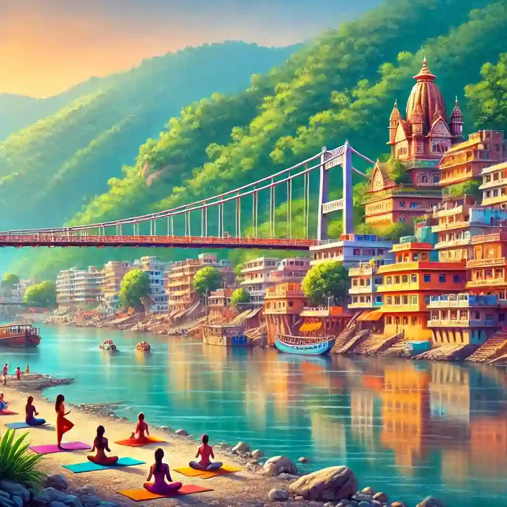 מדריך מקיף להודו לישראלים תמונה מציאותית ותוססת של רישיקש עם נהר הגנגס והגשר התלוי שלו, מראה את הבניינים הצבעוניים והגבעות הירוקות והמורקות ברקע. יש כמה אנשים שמתרגלים יוגה ליד הנהר, לוכדים את השלווה ואת המהות הרוחנית של המקום.