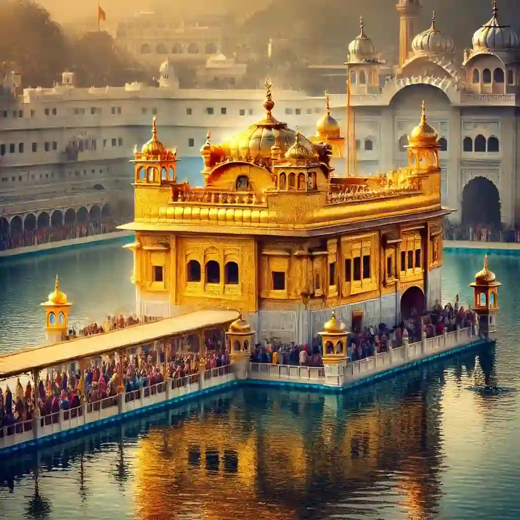 מקדשים מפורסמים בהודו תמונה מציאותית הלוכדת את יופיו של מקדש הזהב (Harmandir Sahib) באמריצר, הודו, עם חזית הזהב שלו מנצנצת תחת אור השמש, מוקף במיכל המים הקדושים השלווים וחסידים המבקרים במקדש. התמונה צריכה להיות בעלת צבעים מרהיבים ומרקמים ייחודיים כדי להציג את האותנטיות והחיוניות של המיקום.