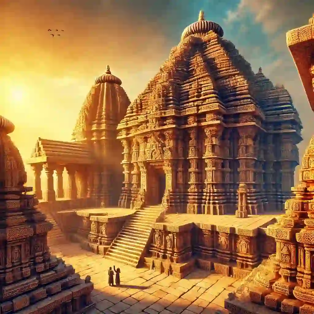 מקדשים מפורסמים בהודו תמונה מציאותית של מקדש השמש קונרק באודישה, הודו, המציגה את גילופי האבן המורכבים והמבנה המלכותי שלו. יש לרחוץ את המקדש באור שמש חמים, להדגיש את המרקמים והפרטים של הגילופים, עם כמה מבקרים שחוקרים את האתר. התמונה צריכה להיות בעלת צבעים מרהיבים ולשדר תחושה של יראה ופליאה.