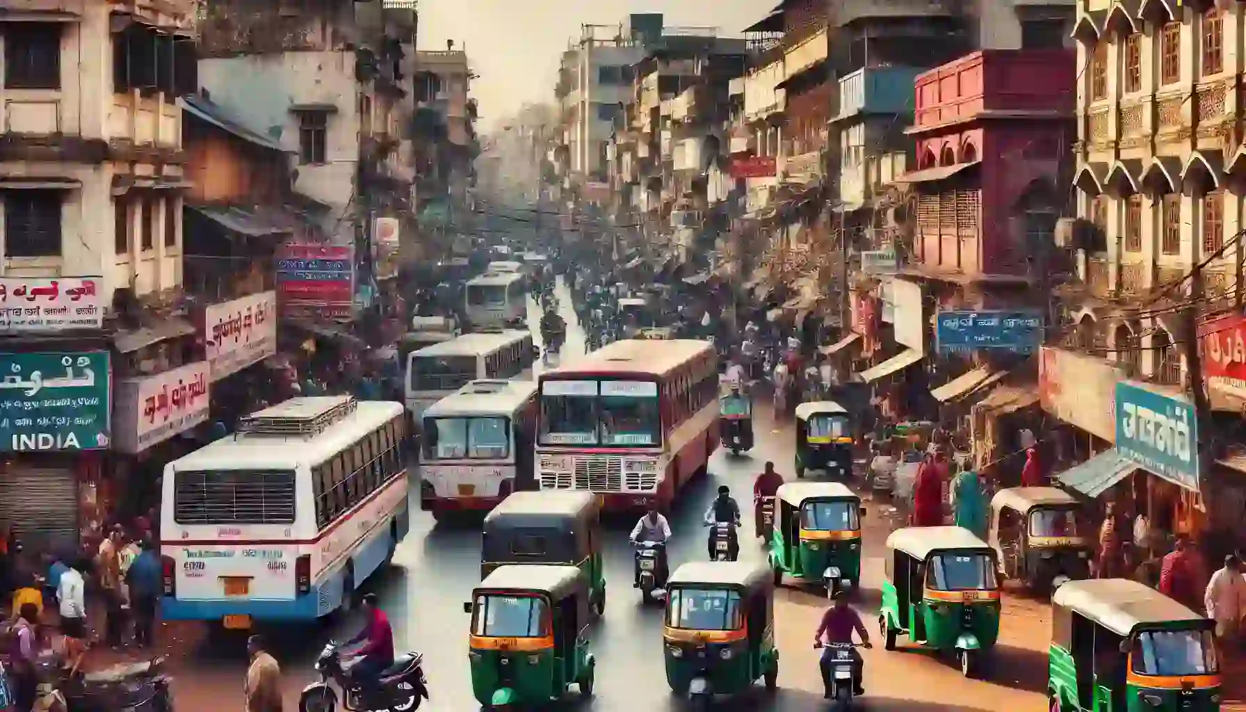 תחבורה ציבורית בהודו סצנת רחוב עמוסה בהודו עם שילוב של אפשרויות תחבורה ציבורית כמו אוטובוסים, ריקשות רכב והולכי רגל. הרחוב תוסס עם מבנים צבעוניים, מוכרים ואנשים. האווירה תוססת, המשקפת את מהות התחבורה הציבורית בהודו.