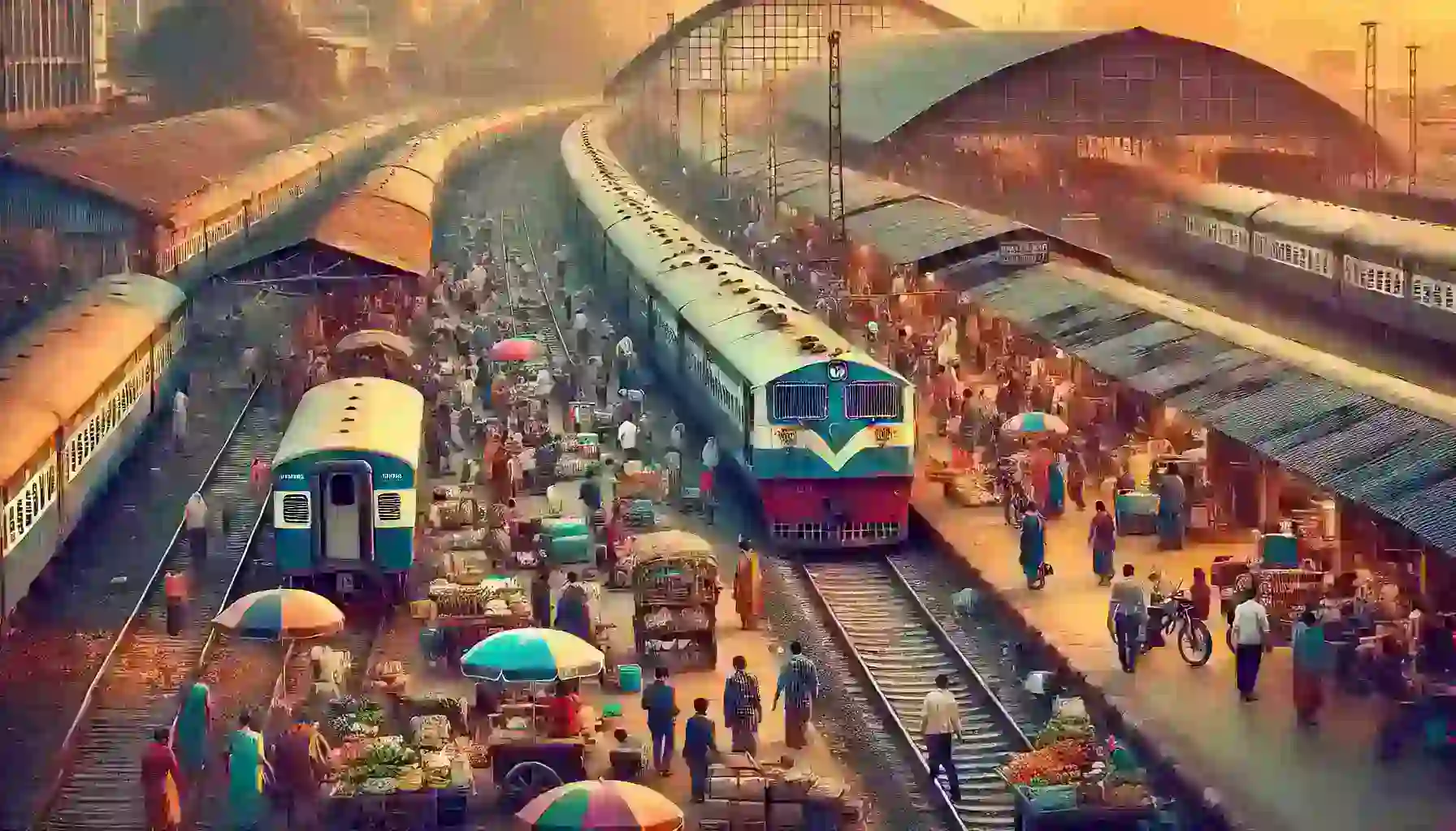 תחבורה ציבורית בהודו תחנת רכבת הודית שוקקת פעילות. רכבות על הפסים, נוסעים עולים ויורדים, ספקים מוכרים אוכל ושתייה. הסצנה תוססת עם אנשים, צבעים ושילוב של אלמנטים מסורתיים ומודרניים, המשקפים את המהות של התחבורה הציבורית בהודו.