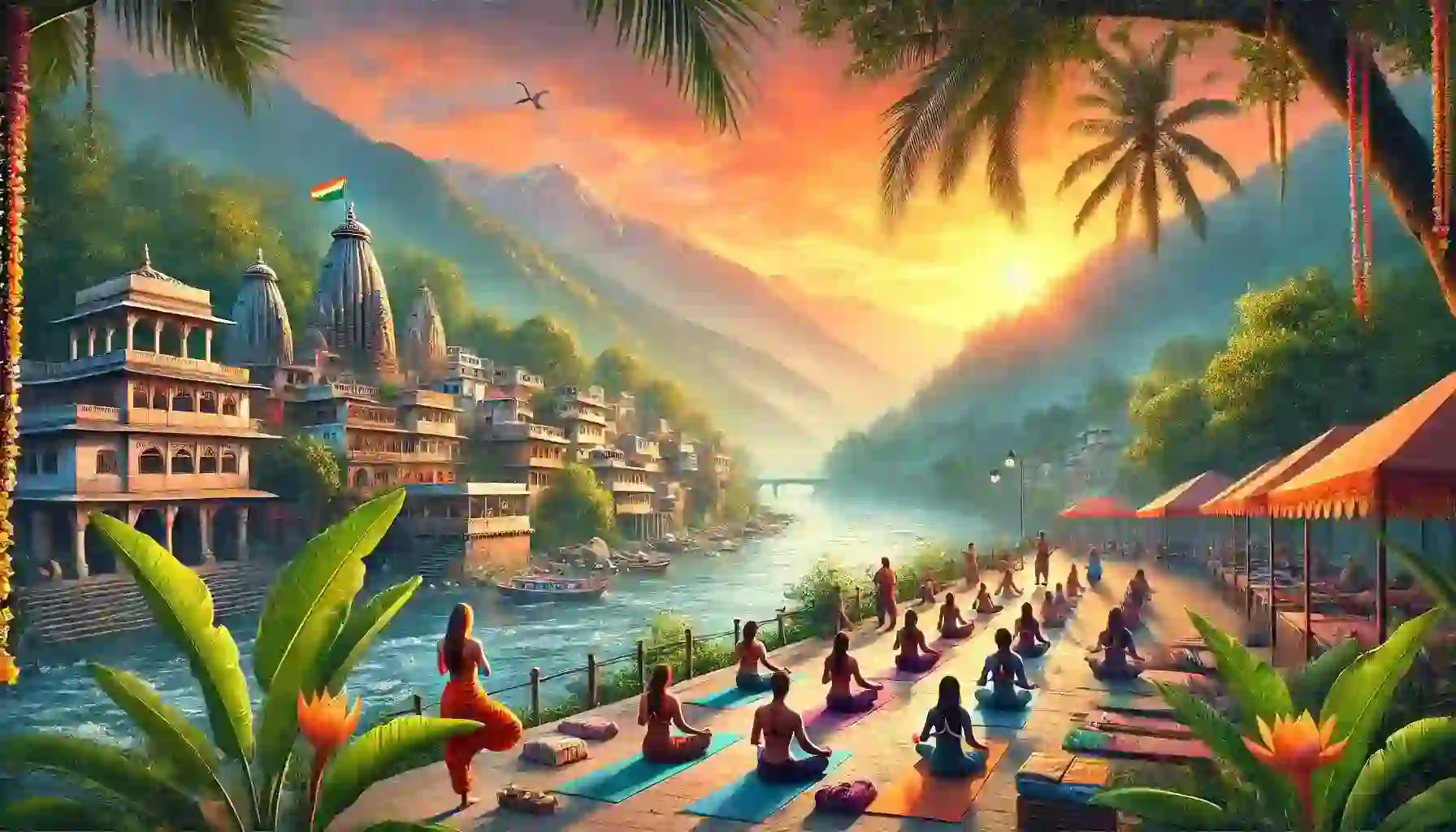 נוף ציורי של אשרם רישיקש בהודו כשברקע הרי ההימלאיה. הסצנה לוכדת אווירה שלווה עם אנשים שמתרגלים יוגה על גדות נהר הגנגס בזמן הזריחה. השמיים צבועים בגוונים חמימים של כתום וורוד, והצמחייה העבותה מוסיפה לסביבה השלווה. פרטים מציאותיים, צבעים מרהיבים ומרקמים אותנטיים הם חיוניים.