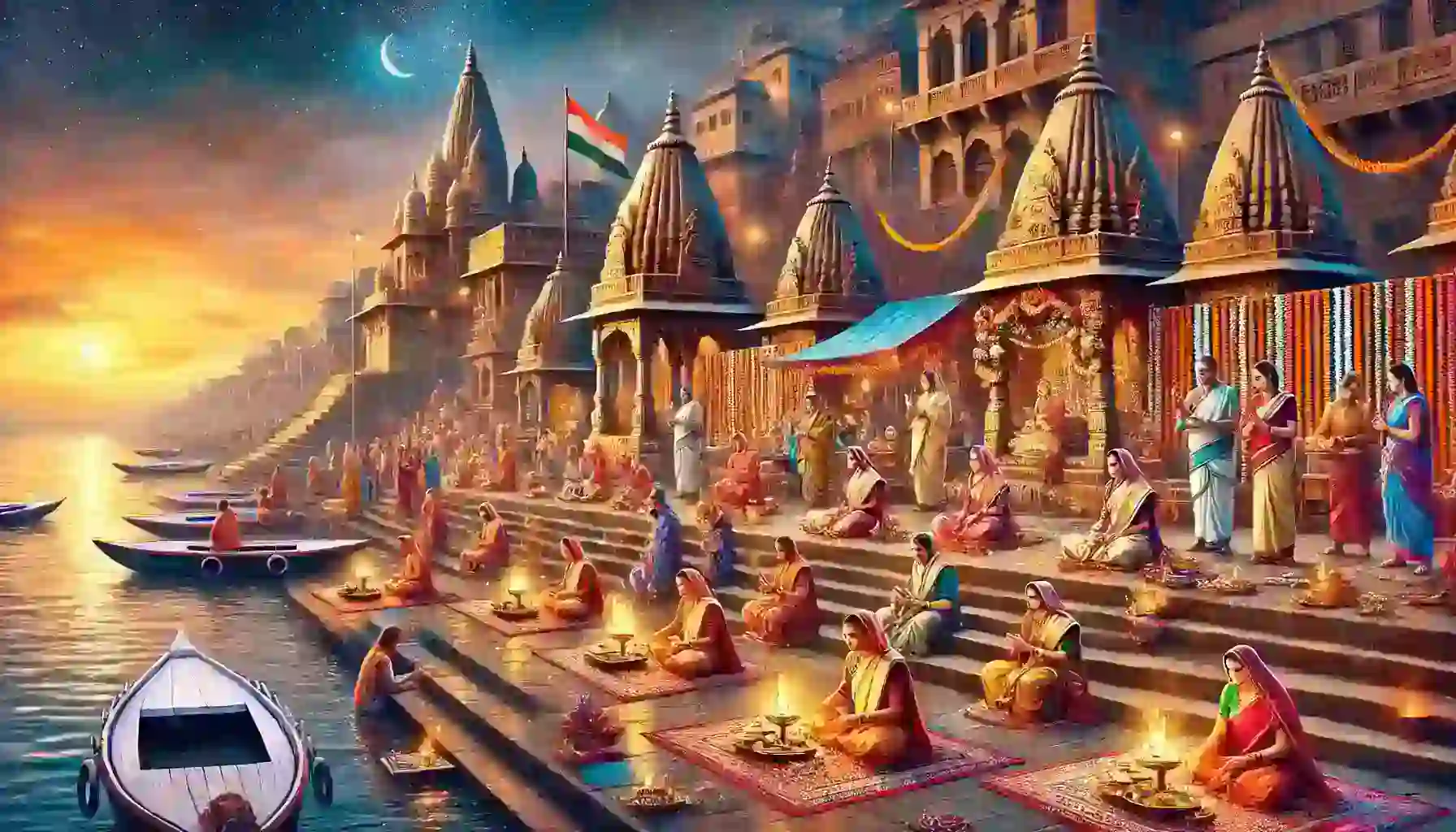 סצנה תוססת של טקס רוחני הודי מסורתי המתקיים בגאטס של ורנאסי על נהר הגנגס. התמונה מציגה חסידים המבצעים טקסים ומגישים תפילות עם עיטורים צבעוניים מסביב. הרקע כולל מקדשים עתיקים והנהר המשקף את האורות והצבעים. מודגשים פרטים מציאותיים, צבעים עשירים ומרקמים אותנטיים.