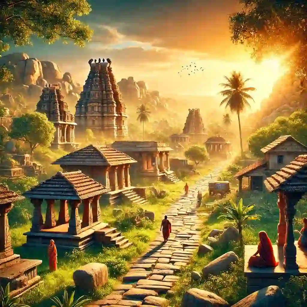 כפרים מסורתיים בהודו תמונה מציאותית ותוססת של הכפר האמפי בקרנטקה, הודו, לוכדת מקדשים עתיקים, מבני אבן וסביבה ירוקה שופעת. הסצנה שטופה באור שמש זהוב, כשכמה אנשים בלבוש הודי מסורתי חוקרים את האזור. האווירה שלווה והיסטורית, מציגה את המורשת התרבותית העשירה של הכפר.