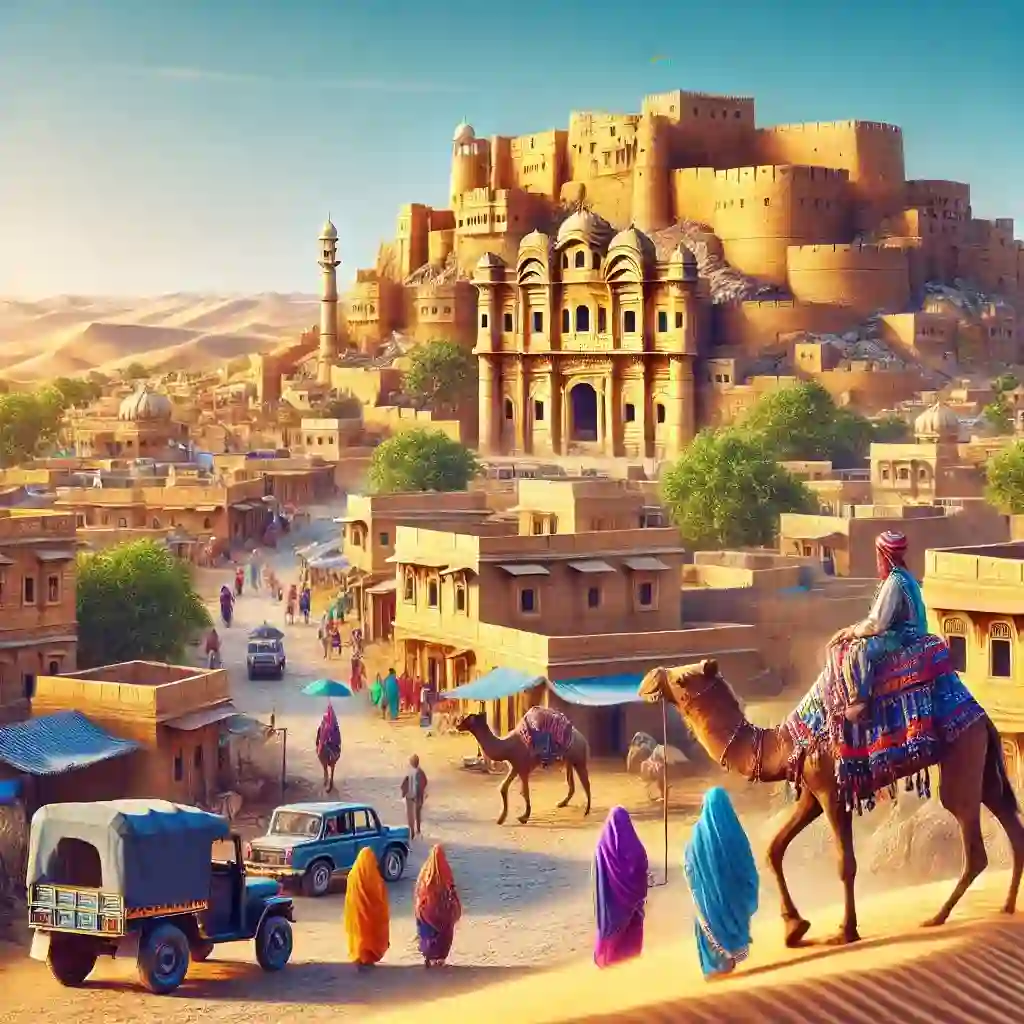 כפרים מסורתיים בהודו תמונה מציאותית ותוססת של הכפר ג'איסלמר בראג'סטאן, הודו, המציגה את המבצר המוזהב המפורסם, נוף מדברי חולי וארכיטקטורה רג'סטאן מסורתית. הסצנה כוללת גמלים ואנשים לבושים בלבוש מסורתי צבעוני. השמיים בהירים וכחולים, מה שמוסיף ליופיו הציורי של הכפר המדברי.