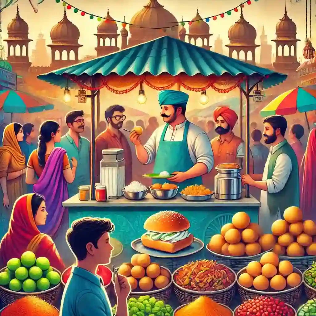 מנות פופולריות באוכל רחוב הודי סצנת אוכל רחוב הודי שוקקת עם צבעים מרהיבים, הכוללת מוכר המשרת את פאב בהאג'י וגולגאפה. הדוכן של המוכר מוקף באנשים שמחכים בקוצר רוח לטעום את האוכל הטעים. הרקע כולל אלמנטים מסורתיים בשוק ההודי כמו תבלינים צבעוניים, פירות וירקות.