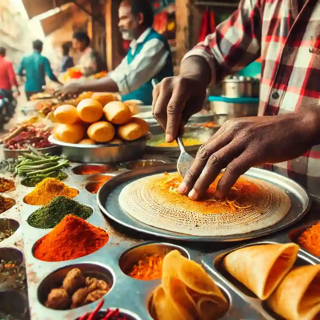 מנות פופולריות באוכל רחוב הודי תקריב של מוכר אוכל רחוב בהודו מכין דוסה וסמוסה. ידיו של המוכר מטפלות במיומנות עם האוכל, עם תבלינים ומרכיבים תוססים בתצוגה. ברקע נראים פריטי אוכל רחוב אחרים ואווירת שוק צבעונית ועמוסה.
